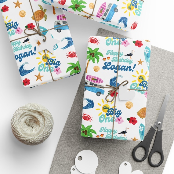 The Big One First Birthday Wrapping Paper, Personalized Surf Theme Party Gift Wrap, Custom Name 1st Birthday, Beach Party Boy Birthday Decor