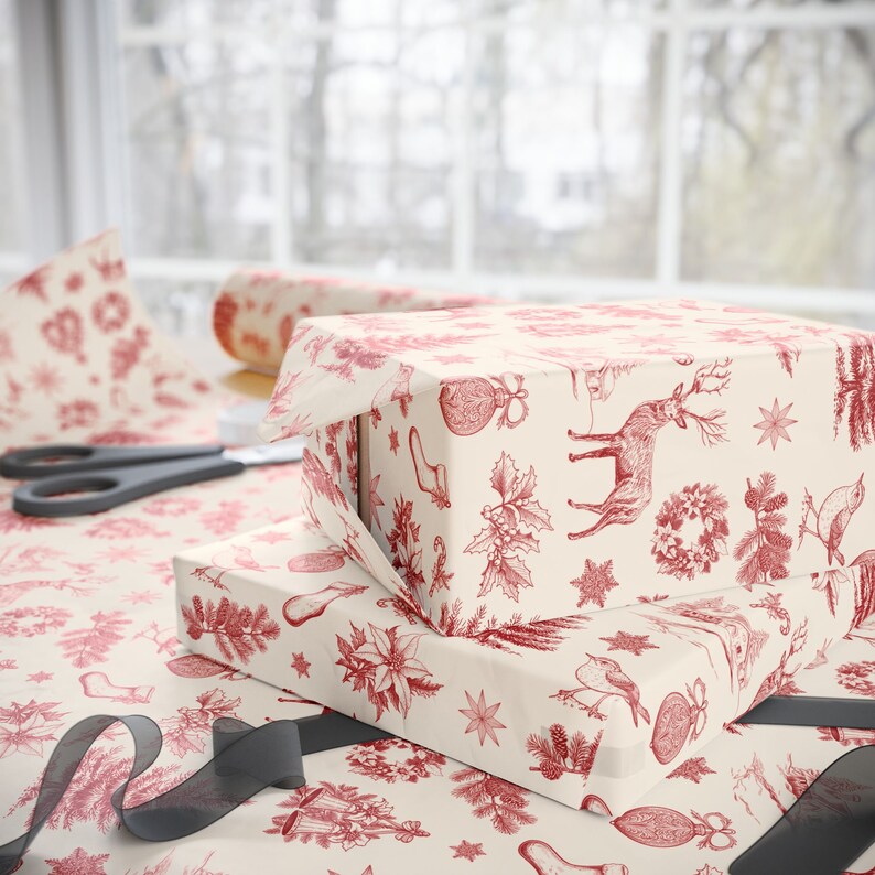 Vintage Christmas Toile de Jouy Wrapping Paper, Elegant French Country Holiday Gift Wrap, Rustic Old Fashioned Xmas Decor, Retro Winter Wrap image 4