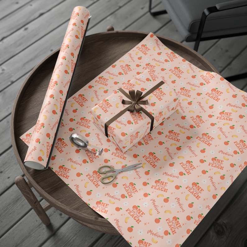 One Sweet Peach First Birthday Wrapping Paper Roll, Personalized Peach Theme 1st Birthday Gift Wrap, Custom Name Sweet One Girls Party Decor image 2
