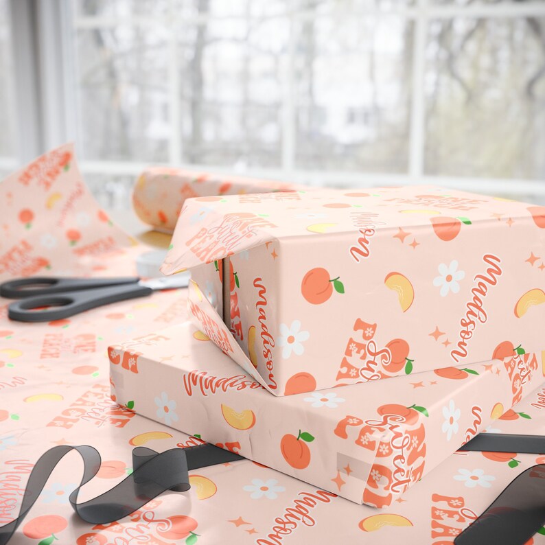One Sweet Peach First Birthday Wrapping Paper Roll, Personalized Peach Theme 1st Birthday Gift Wrap, Custom Name Sweet One Girls Party Decor image 3