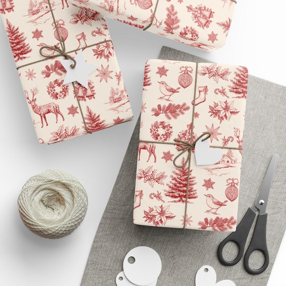 Vintage Christmas Toile de Jouy Wrapping Paper, Elegant French Country Holiday Gift Wrap, Rustic Old Fashioned Xmas Decor, Retro Winter Wrap
