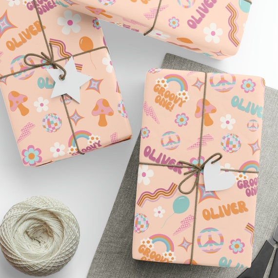 Groovy One First Birthday Wrapping Paper, One Groovy Babe Personalized Gift, Retro 1st Birthday Party Decor, Custom Name Milestone Gift Wrap