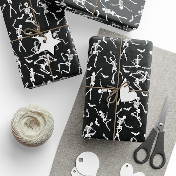 Dancing Skeletons Wrapping Paper Roll, Black Halloween Birthday Gift Wrap, Funny Spooky Season Gift, Halloween Party Decor, Gothic Gift Wrap