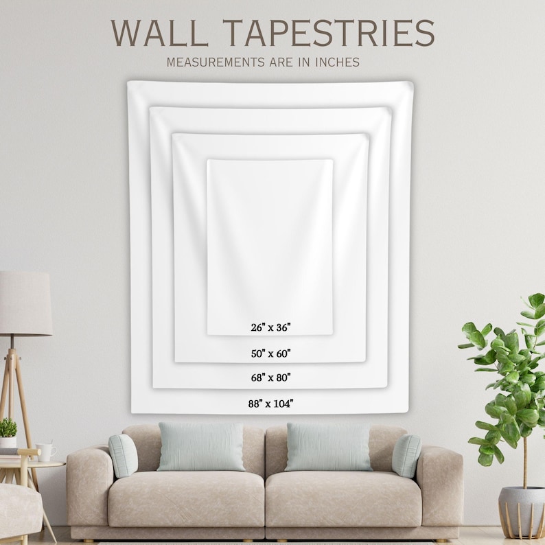 Peut inclure: Un guide des tailles de tapisseries murales blanches avec quatre contours rectangulaires imbriqu&eacute;s. Le texte indique WALL TAPESTRIES, MEASUREMENTS ARE IN INCHES, et liste les dimensions 26 x 36, 50 x 60, 68 x 80 et 88 x 104 pouces.