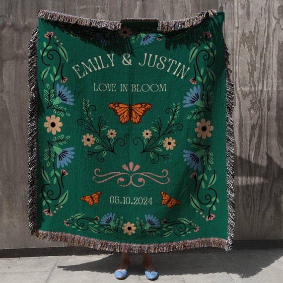 Personalized Wedding Woven Blanket, Floral Cottagecore Cotton Anniversary Blanket, Engagement Gift For Couple, Newlywed Jacquard Tapestry