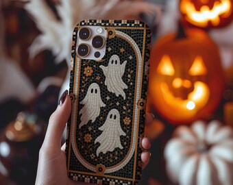 Halloween Ghost Phone Case, Spooky Fall Phone Cover, Faux Bistro Tile Mosaic