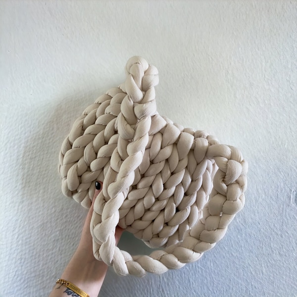 Chunky Knit Bag | Beige Knit Over the Shoulder Purse | Magnetic Button | Handmade Bag