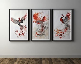 風水朱鳥プリント、中国の鳳凰壁画、幸運の顕現、スピリチュアルな装飾
