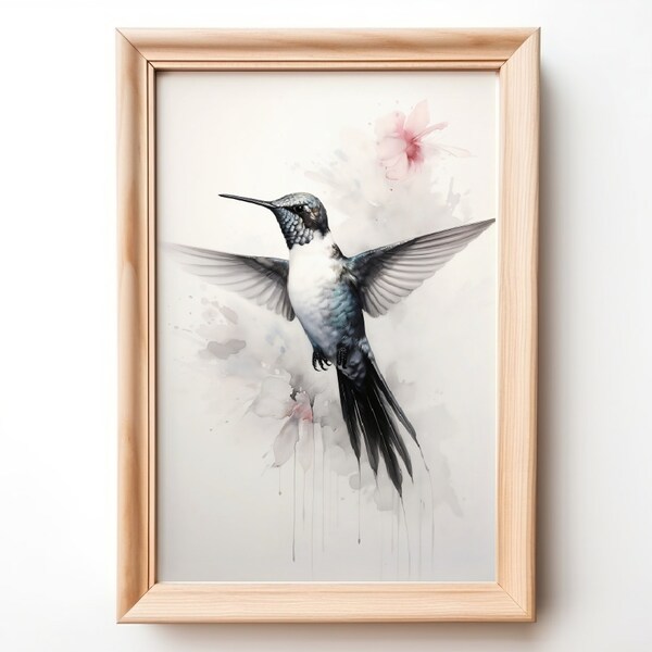 A hummingbird in flight. Asian Art. Sumi e painting. Ink wash. Contemporary wall art. Hummingbird and flower. Digital Print.