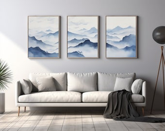 Blue Mountains-drieluik aquarel | Sumi e Inktwas | Galerijmuurkunst | Abstract landschap | Eenvoudige bergkunst | Digitale afdruk