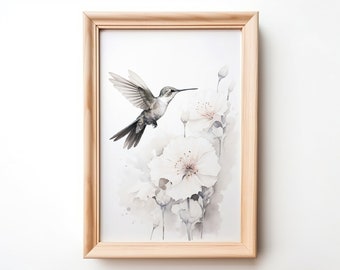 Hummingbird wall art. Asian Art. Sumi e painting. Ink wash. Contemporary wall art. Digital print.