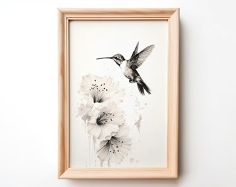 A hummingbird in flight. Asian Art. Sumi e painting. Ink wash. Contemporary wall art. Digital print.