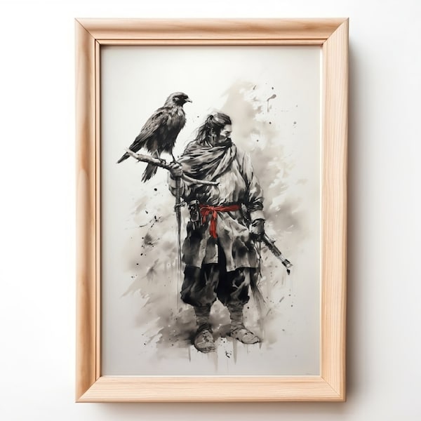 Japanese-style painting of a warrior and his falcon. Sumi e painting. Ink wash. Contemporary wall art. Digital print.