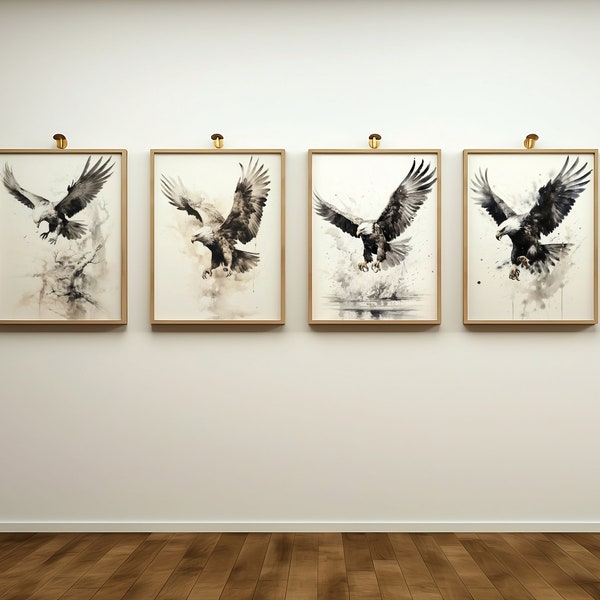 Japanese-style ink wash paintings of Eagles, set of 4. Sumi e painting. Ink wash. Contemporary wall art. Asian Art. Digital prints.