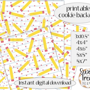 Druckbare Keksuntersetzer für die Schule - 3x10.5", 4x4", 4x6", 5x5" und 5x7" für Cookie-Verpackungen."