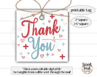 May include: Printable thank you tag with a red heart, plus sign, and a red heartbeat graphic. The tag is white with blue and red accents. The text on the tag reads "Thank You".