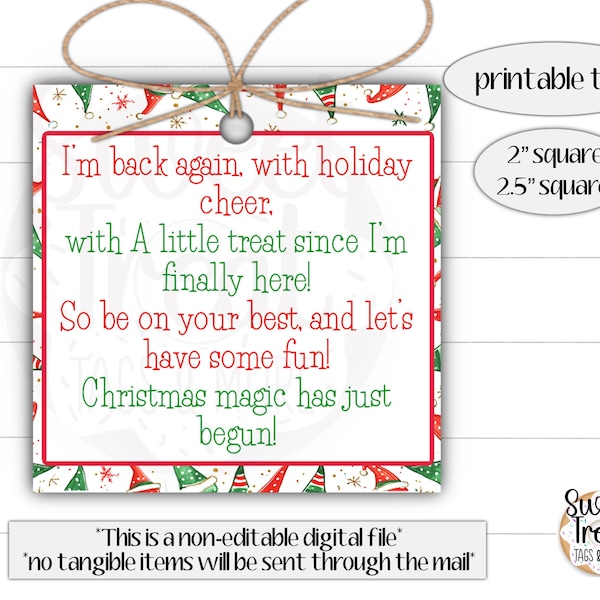 Printable Christmas cookie tag -  "I'm back again" Christmas elf tag - Elf treat tags - Elf ideas - Elf return - Elf cookie tag - elf treat