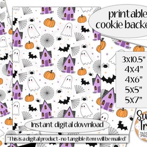 Könnte beinhalten: Halloween-Themen-Keks-Backer-Designs mit weißem Hintergrund. Das Muster umfasst lila Geisterhäuser, orangefarbene Kürbisse, weiße Geister, schwarze Fledermäuse und Spinnweben. Der Text enthält "printable cookie backers" und Größenoptionen.