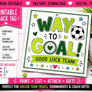以下が含まれることがあります： WAY TO GOAL!およびGOOD LUCK TEAM!という緑と黒の文字が書かれた正方形の印刷可能なスナックタグ。デザインにはサッカーボールのグラフィック、小さな星、ハートが含まれており、白い背景に緑の枠線と穴が開いています。