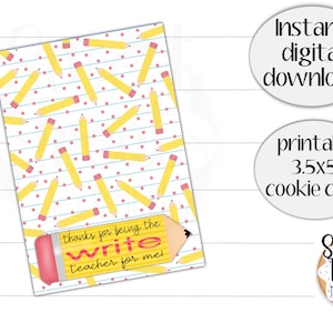 Druckbare Cookie-Karte zur Wertschätzung von Lehrern – Danke, dass Sie für mich der Schreiblehrer sind – 3,5 x 5 Zoll Bleistift-Cookie-Karte – Lehrer-Cookie-Karte