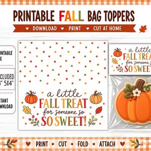 May include: Printable fall bag toppers featuring orange pumpkins, colorful autumn leaves, and the text 'a little FALL TREAT for someone so SO SWEET!'. Includes 3x4, 4x4, and 5x4 inch sizes for instant download, printing, cutting, and folding at home.