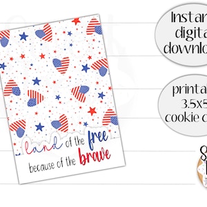 Tarjeta de galletas imprimible del Día de los Caídos 3.5x5" corazones patrióticos - embalaje de galletas patrióticas - Tarjeta de galletas del 4 de julio - Tarjeta de galletas del Día de los Veteranos
