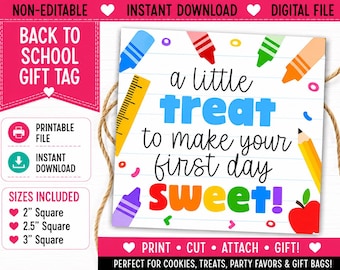 First Day of School Treat Tag Printable, Back to School Gift Tag, Cookie Tag, Teacher Tag, Student Gift, 3 Sizes Included