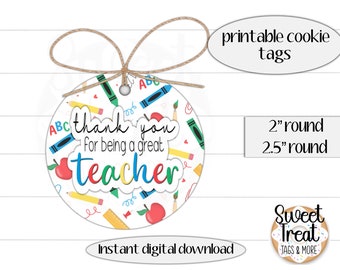 Printable teacher appreciation cookie tag set - round cookie tags 2&quot; - 2.5&quot; - thank you teacher - gift tags for cookie packaging or treats