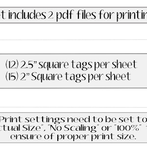 Puede incluir: Un gr&aacute;fico de informaci&oacute;n digital con texto negro sobre fondos rectangulares blancos. El texto dice: Set includes 2 pdf files for printing, (12) 2.5" square tags per sheet, (15) 2" Square tags per sheet, y Print settings need to be set to "Actual Size", "No Scaling" or "100%" to ensure of proper print size.