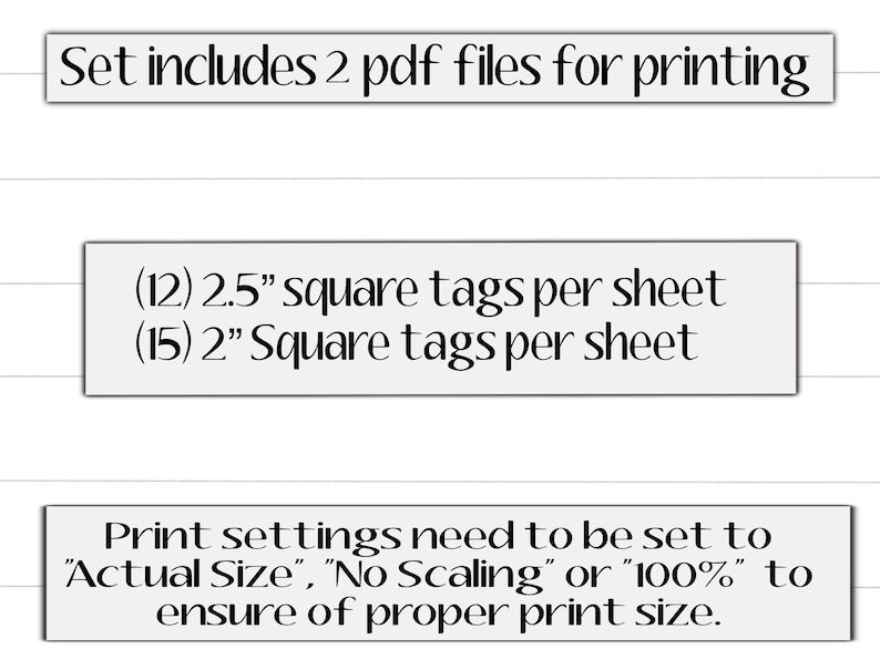 Puede incluir: Un gr&aacute;fico de informaci&oacute;n digital con texto negro sobre fondos rectangulares blancos. El texto dice: Set includes 2 pdf files for printing, (12) 2.5" square tags per sheet, (15) 2" Square tags per sheet, y Print settings need to be set to "Actual Size", "No Scaling" or "100%" to ensure of proper print size.