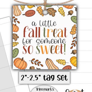 May include: A white tag set with a fall theme, featuring pumpkins, leaves, and acorns. Text reads "a little fall treat for someone so sweet!" and "2"-2.5" tag set". Includes trim marks for easy cutting.