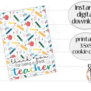 Druckbare Cookie-Karte zur Wertschätzung des Lehrers – „Danke, dass Sie ein toller Lehrer sind“ – 3,5 x 5 Zoll Schul-Cookie-Karte – Bleistift – Buntstift – Cookie-Karte
