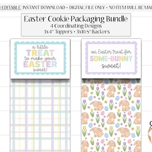 May include: Easter cookie packaging bundle with four coordinating designs. The toppers are 7.6x10.2 cm and the backers are 7.6x26.7 cm. One design says "a little TREAT to make your EASTER sweet!" and another says "an Easter treat for SOME-BUNNY sweet!"