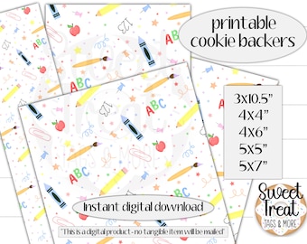 Printable teacher appreciation cookie backers - 3x10.5&quot;, 4x4&quot;, 4x6&quot;, 5x5&quot; and 5x7&quot;- back to school cookie backers - school cookie packaging