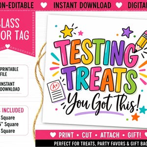 May include: A square digital favor tag featuring the colorful text "TESTING TREATS You Got This!" with illustrations of a yellow pencil, a paper with an A+ grade, and various stars. The design includes pink banners and text indicating sizes of 2, 2.5, and 3 inches.