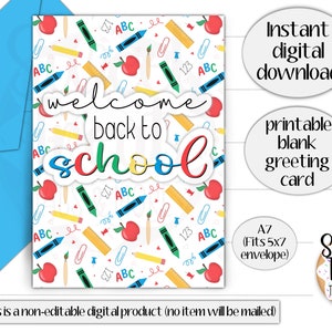 Tarjeta de felicitación imprimible de bienvenida de regreso a la escuela - 5x7"- tarjeta de bienvenida en blanco de regreso a la escuela - tarjeta de felicitación de útiles escolares - regalo del maestro