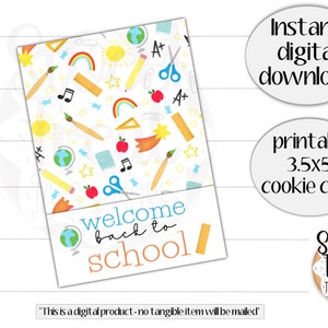 Cartão de biscoitos de volta às aulas para impressão - bem-vindo de volta à escola - cartão de volta às aulas de 3,5 x 5" - lápis - giz de cera - maçã - cartões de biscoitos