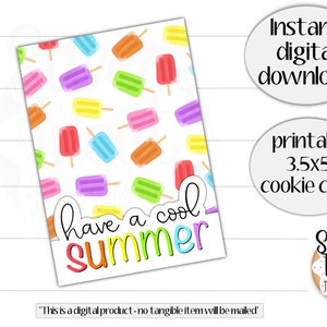 Carte à biscuits d'été imprimable - passez un été frais - 3,5 x 5 po. - carte de biscuits popsicle - emballage de biscuits d'été - carte de friandises d'été