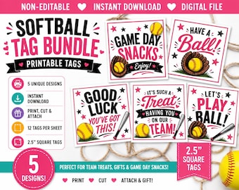 May include: A softball tag bundle with five unique designs. The tags are square, 2.5 inches, and feature softball graphics with phrases like "Game Day Snacks" and "Have a Ball!" The tags are printable and perfect for team treats.