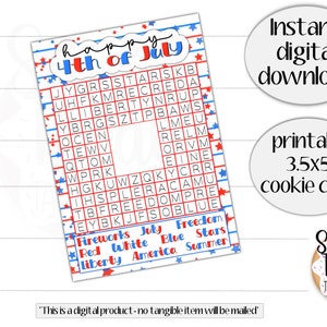 Scheda biscotto stampabile del 4 luglio - Buon 4 luglio -3,5x5"- ricerca di parole a stelle e strisce - Confezione di biscotti del 4 luglio - carta regalo