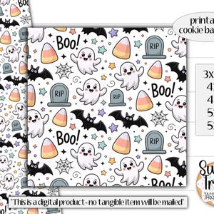 Puede incluir: Diseños imprimibles para envoltorios de galletas con temática de Halloween. El patrón presenta fantasmas, murciélagos, caramelos de maíz, lápidas, telarañas y estrellas sobre un fondo blanco. El texto "Boo!" también está incluido. Disponible en varios tamaños.