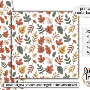 Può includere: Design stampabili per confezioni di biscotti con un motivo ripetuto di foglie autunnali arancioni, verdi, gialle e beige su sfondo bianco. Misure: 7,6x26,7 cm, 10,2x10,2 cm, 10,2x15,2 cm, 12,7x12,7 cm e 12,7x17,8 cm.
