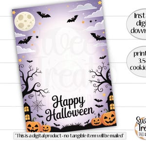May include: A Halloween-themed printable cookie card with a purple background, featuring a full moon, bats, and jack-o'-lanterns. The words "Happy Halloween" are prominently displayed. The card is 3.5x5 inches.