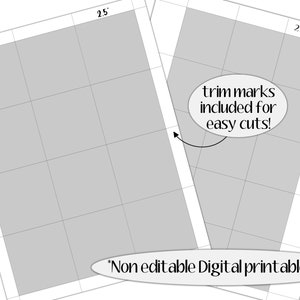 May include: Two gray rectangular templates with grid lines, one measuring 2.5 inches and the other 2 inches. Text reads "trim marks included for easy cuts!" and "Non editable Digital printable file".