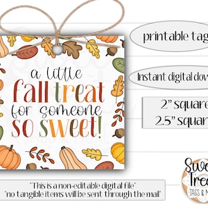 May include: A square printable tag with a fall theme, featuring pumpkins, leaves, and acorns. The text reads "a little fall treat for someone so sweet!" with sizes of 5.08 cm and 6.35 cm square.
