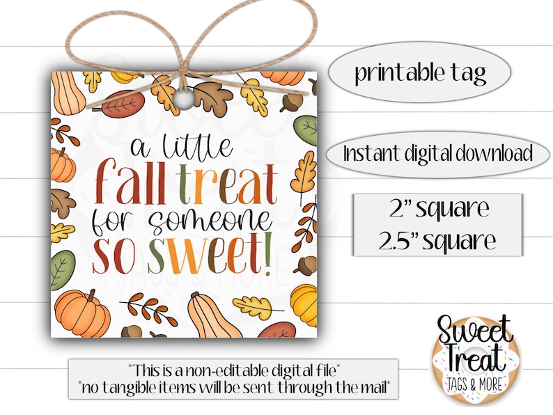 May include: A square printable tag with a fall theme, featuring pumpkins, leaves, and acorns. The text reads "a little fall treat for someone so sweet!" with sizes of 2" and 2.5" square.