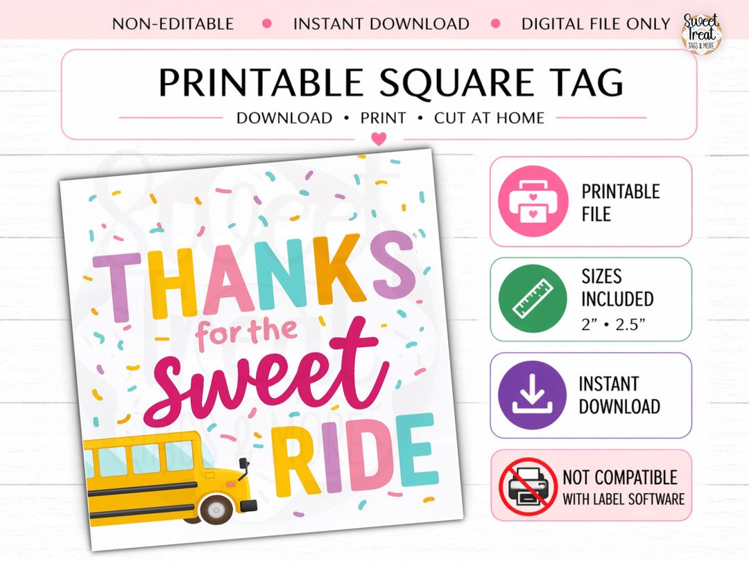 Bus Driver Appreciation Tag Printable, Sweet Ride Gift Tag, School Bus ...