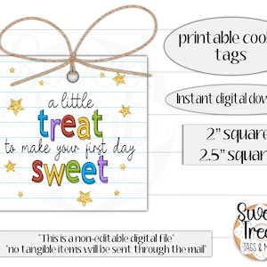 Afdrukbaar terug-naar-school-cadeaulabel - een kleine traktatie om je eerste dag leuk te maken - cadeaulabel leraar 2"- 2,5" - terug-naar-school-koekjeslabel