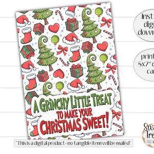Printable 5x7&quot; Christmas cookie card - grinchy treat - Christmas grump cookie card - Christmas cookie packaging - grinchy cookie card -