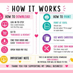 May include: Pink and white infographic titled "How It Works" with instructions for downloading and printing a digital file. Includes steps for Etsy download, printing at 100%, and using white cardstock. Text: "Thank you for supporting my small business!"